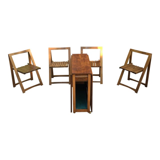 1960s Mid Century Modern Drop Leaf Wood Hideaway Rolling Table and Chairs 5 Piece Set Chairish