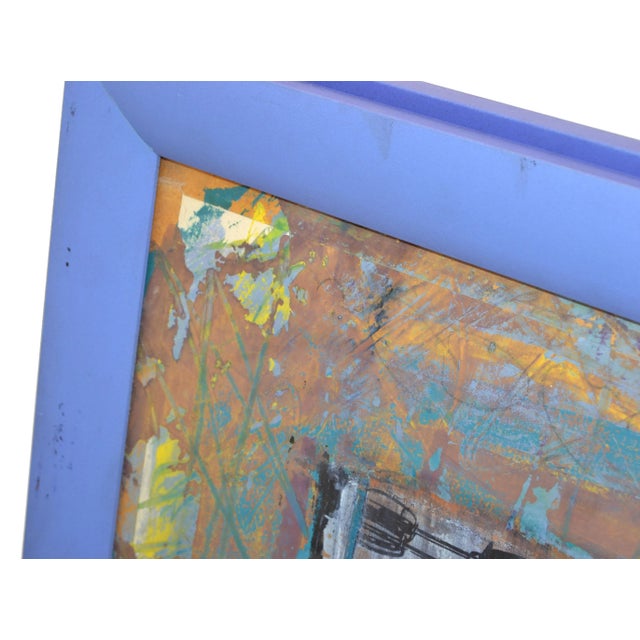 Wood Blue Framed Mid-Century Modern Abstract Pop Art on Canvas 1980 For Sale - Image 7 of 13