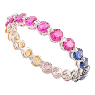Handmade Rainbow Multi Gemstone Eternity Band Ring Size 7 For Sale