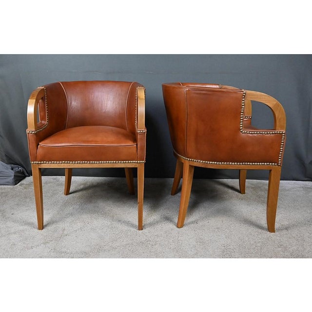 Vintage Art Deco Chairs in Walnut and Leather, 1940, Set of 4 For Sale - Image 11 of 18