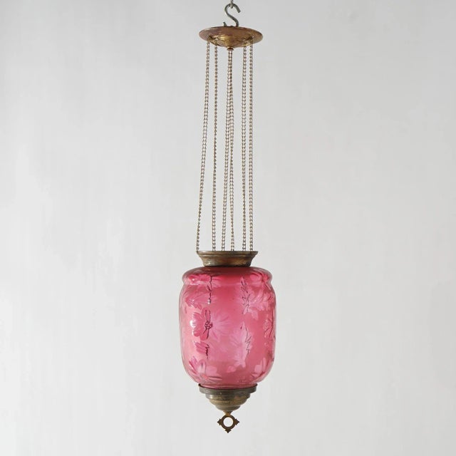 Antique Victorian Cut To Clear Cranberry Glass & Brass Hanging Hall Light Circa 1880 For Sale - Image 6 of 11