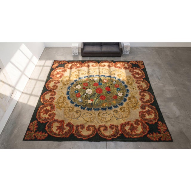 A Gray Background & Brown Border Color With Distinctive Folk Art Style Antique American Hooked Rug For Sale - Image 13 of 13