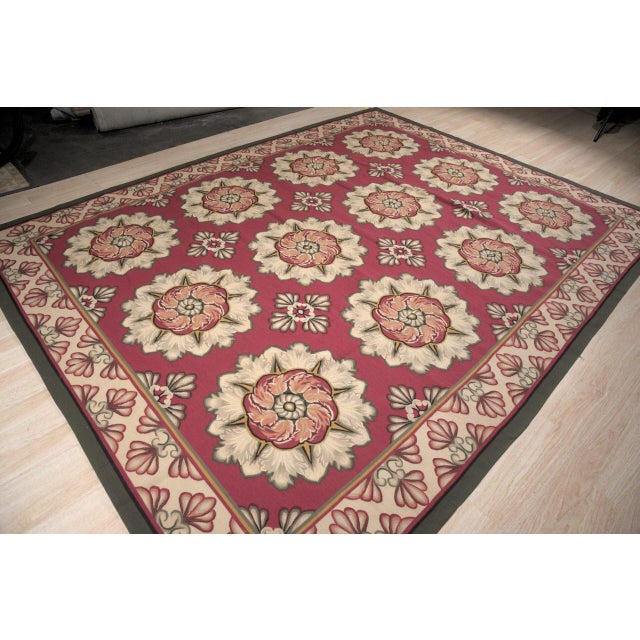 Red 9x12 Vintage Aubusson Flat Weave Wool Rug, Raspberry Rosette For Sale - Image 8 of 12