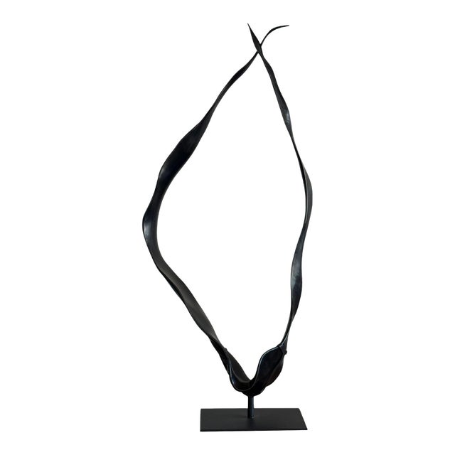 Large Suar Wood Sculpture, Burnt Finish on Black Metal Stand, Modern Organic For Sale