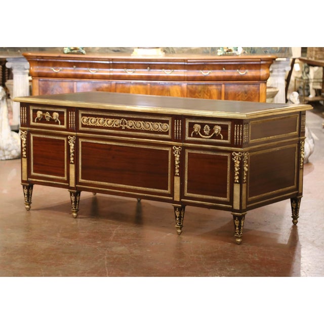 19th Century French Louis XVI Mahogany, Bronze & Leather-Top Partner Desk For Sale - Image 14 of 15
