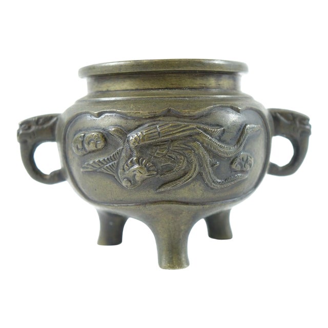 Antique Chinese Bronze Cloisonne Tripod With Elephant Handles For Sale