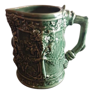 Vintage Bordallo Piniero Majolica Green Ceramic Pitcher, Made in Portugal