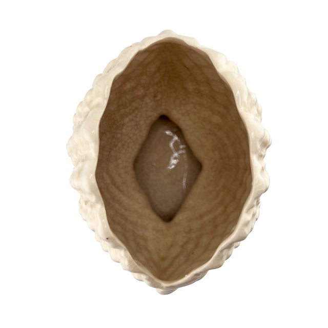 Japanese Vintage Japanese Shell Ceramic Vase or Planter in Ivory Crackle Glaze For Sale - Image 3 of 9