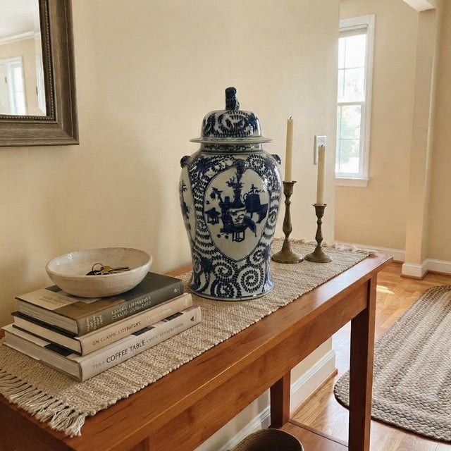 20" Chinese Blue White Flower Vases Scroll Leafy Pattern Porcelain Temple General Jar For Sale In San Francisco - Image 6 of 11