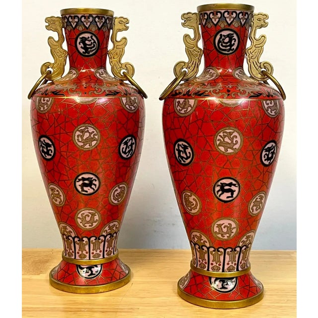 Mid 20th Century Chinese Red Cloisonné Zodiac Vases With Stands - a Pair For Sale - Image 9 of 13