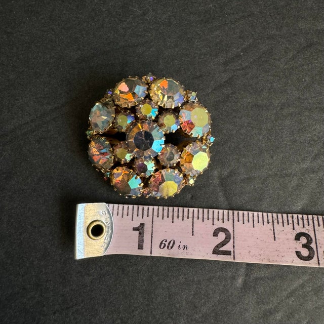 Silver Vintage Aurora Borealis Rhinestone Brooch Ab Crystal Pin Attributed to Weiss For Sale - Image 8 of 8