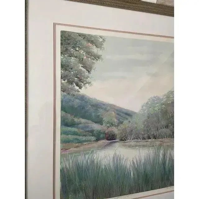 Offered is a vintage watercolor signed painting. This piece features beautiful pastel greens, blues and purple. The photos...