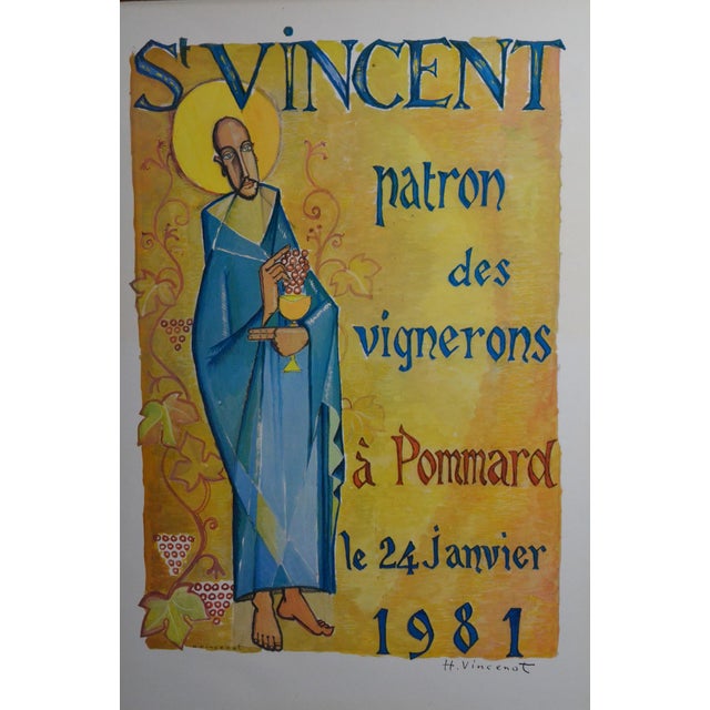 French Provincial 1981 Henri Vincenot Pommard Saint-Vincent Burgundy Wine Poster, Framed For Sale - Image 3 of 13