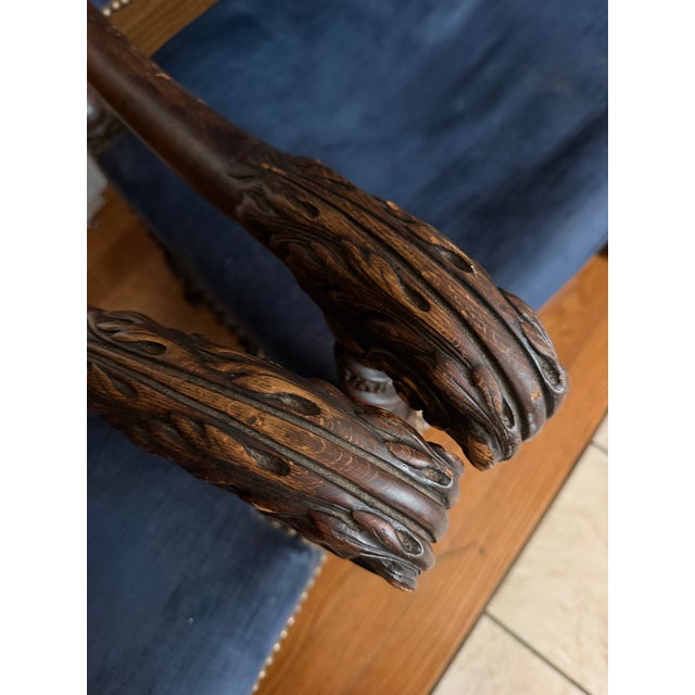Textile Mid 20th Century Pair of Jacobean Revival Carved Wood Barley Twist Velvet Armchairs For Sale - Image 7 of 12