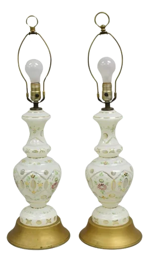 Vintage Czech Bohemian White & Green Cased Glass Table Lamps - A Pair