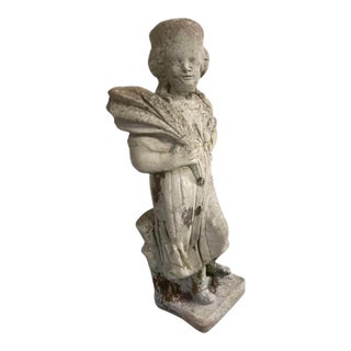 Vintage Weathered Cast Stone "Country Life" Allegorical Girl Garden Statue For Sale