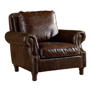 Crafters and Weavers Dark Brown Leather English Rolled Arm Chair For Sale