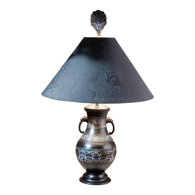 Early 20th Century Antique Bronze Champleve Vase as Table Lamp With Peacock Finial For Sale