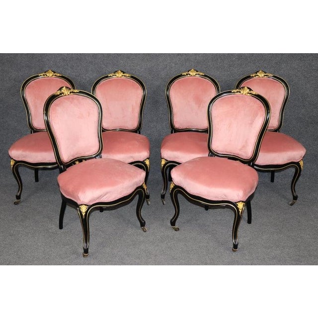 French 10 Louis XV Style 19th C. Ebonized & Bronze Mounted Dining Chairs For Sale - Image 3 of 17