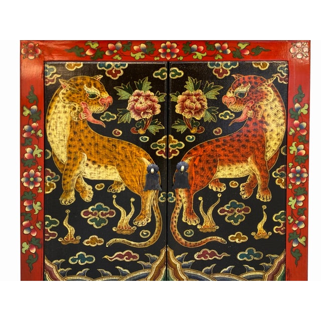 Asian Tibetan Oriental Red Black Jaguars End Table Nightstand For Sale - Image 3 of 5