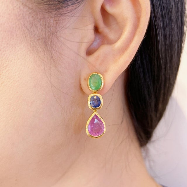 Traditional Bochic "Capri" Vintage Emerald, Ruby & Sapphire Earrings Set 18K Gold & Silver For Sale - Image 3 of 18