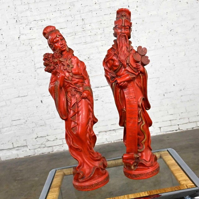 Chinoiserie Vintage Asian Style Chinoiserie Faux Cinnabar Large Red Decorative Statues Male & Female For Sale - Image 3 of 13