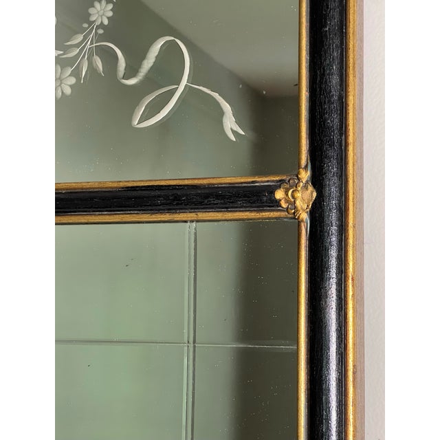 Queen Anne Style Mirror, Etched and Beveled in Ebonized Parcel Gilt Frame, 1940s For Sale - Image 9 of 12