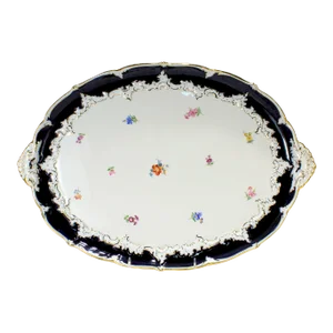 Antique Meissen Porcelain Tray With Cobalt Blue Border & Spray Flowers