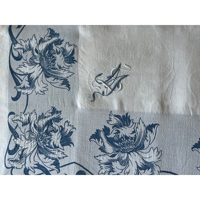 1920s Vintage Blue and White Damask Tablecloth For Sale - Image 5 of 11