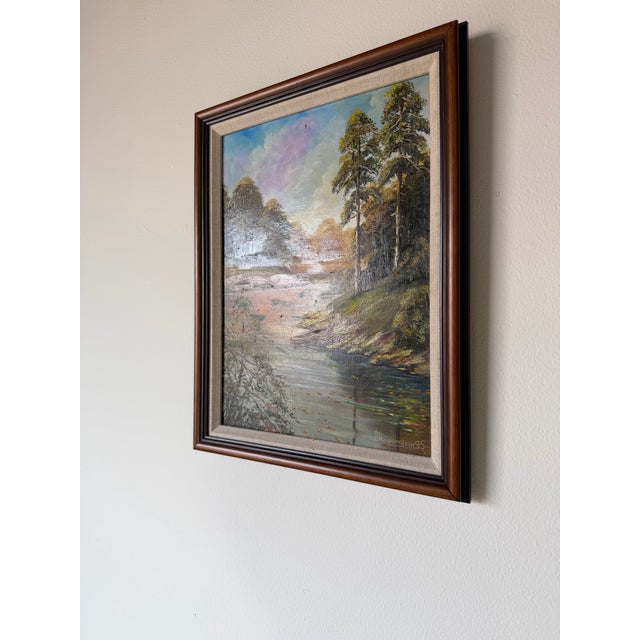 1995 Vintage River Landscape Oil on Masonite Painting, Signed & Framed For Sale - Image 4 of 12