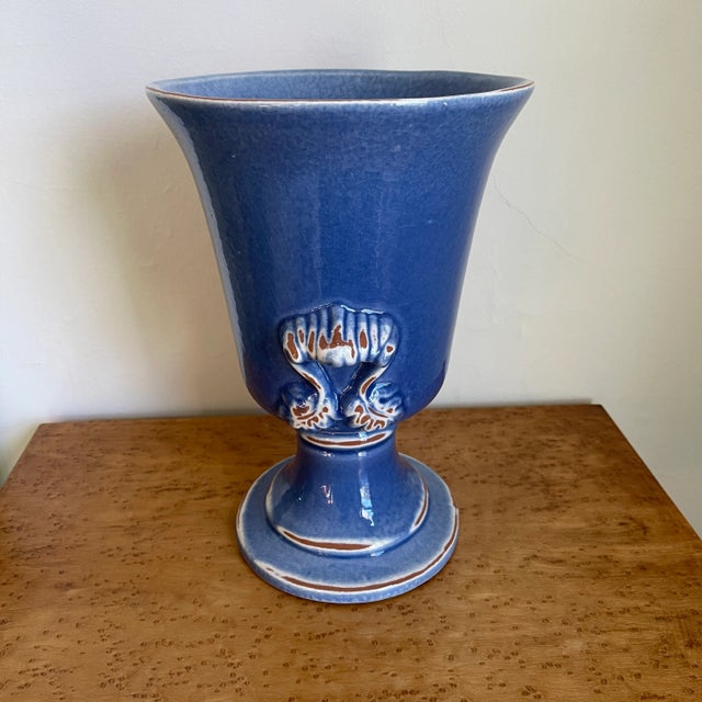 Mediterranean style terra cotta glazed urn. Beautiful cornflower blue distressed glaze. Use for a centerpiece with flowers...