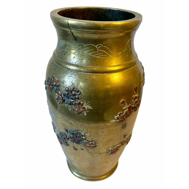 Brass 19th Century Antique Japanese High Relif Birds Flowers Mixed Metal Bronze Copper Brass Vase For Sale - Image 8 of 11