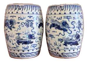 Chinoiserie Porcelain Blue and White Dancing Foo Dogs Garden Stools - A Pair