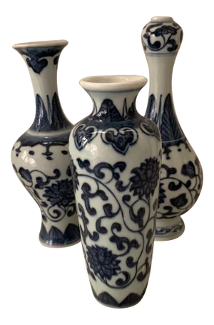 Blue & White Porcelain Floral Chinoiserie Vases Set of 3