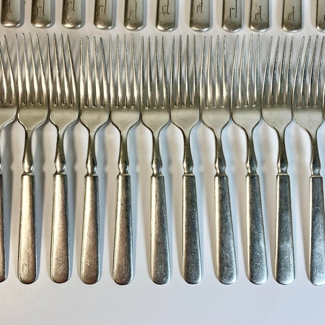 Mid 19th Century Mid 1800s Antique English Boho Chic Monogrammed Silver Plate Knives and Forks - Set of 70 For Sale - Image 5 of 17