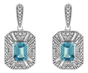 .925 Sterling Silver 7x5MM Emerald Shape Blue Topaz and Diamond Accent Art Deco Halo Style Drop and Dangle Earrings - 2 Pieces