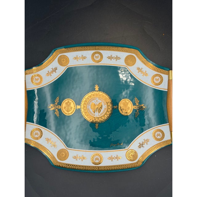 Vintage MCM Georges Briard Teal & Gold Butterfly Curved Glass Tray W/ Wood Handles For Sale In New York - Image 6 of 10