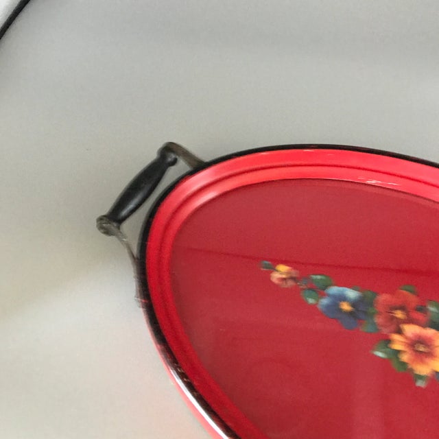 Painted Flowers on Red Paper Composite Glass Top Dresser Tray 1940's For Sale - Image 10 of 13