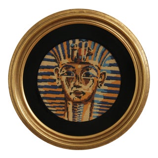 Mid Century Modern Round Framed Needlepoint of Egyptian Pharaoh For Sale