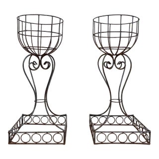Vintage French Art Nouveau Style Jardiniere Iron Plant Stands, a Pair For Sale