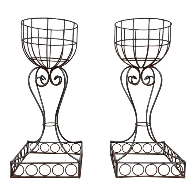 Vintage French Art Nouveau Style Jardiniere Iron Plant Stands, a Pair For Sale