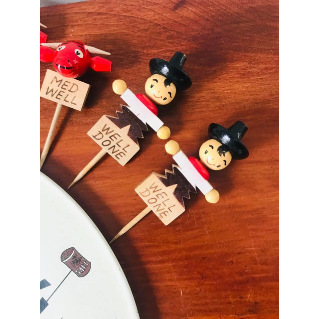 Mid-Century Modern Mid Century Modern Kitschy Lithograph Metal Bbq Platter and Wood Meat Picks For Sale - Image 3 of 12