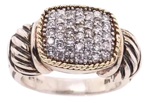 18 Karat Yellow Gold and Sterling Silver With Diamond Cluster Center Ring