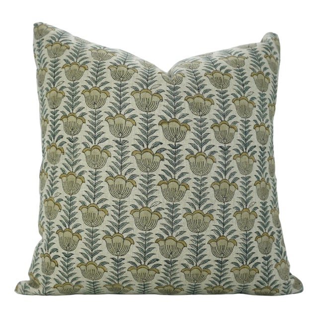 Hand Block Print Thick Linen Pillow Cover by Fabdivine, 14"X20",Lotus For Sale