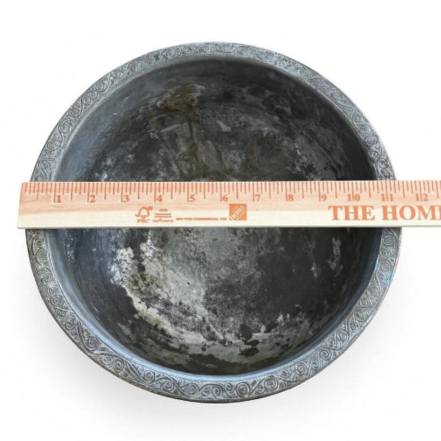 Early 20th Century Engraved Copper Bowl, 13 Inch Footed Pedestal With Calligraphic Ornament For Sale - Image 9 of 9