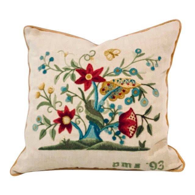 Vintage 1993 Hand Embroidered Botanical Theme on Natural Linen Pillow With Feather Down Insert For Sale