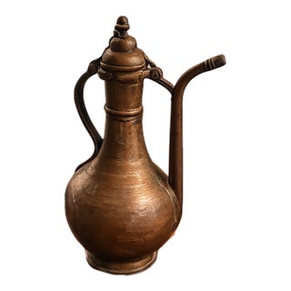 Antique Turkish Hand-Hammered Brass Ewer With Hinged Lid For Sale