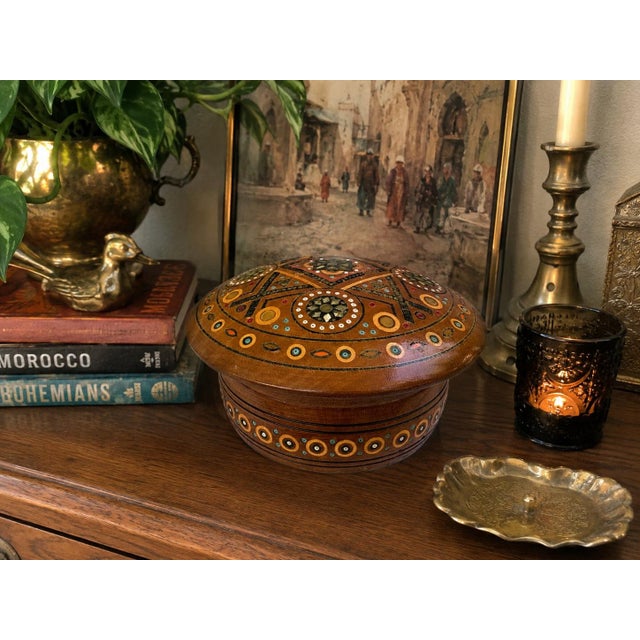 Beautiful vintage turned wood lidded box richly decorated with intricate geometric inlay in the traditional Hutsul folk...
