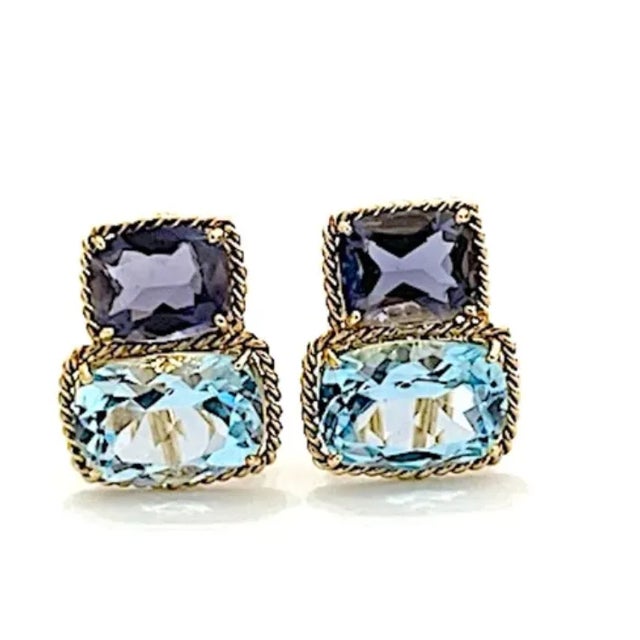 Christina Addison 18kt White Gold Three Stone Emerald Cut Ring With Blue Topaz and Iolite For Sale - Image 4 of 12