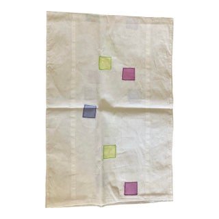 Pottery Barn Table Runner Embroidered Colored Patches Purple Blue Green on White Cotton Fabric For Sale
